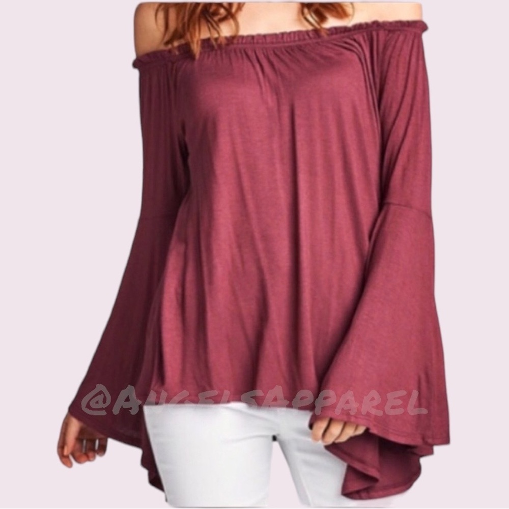 NEW✔️ Bell Sleeve Off the Shoulder Top in a beautiful Burgundy/Maroon color!